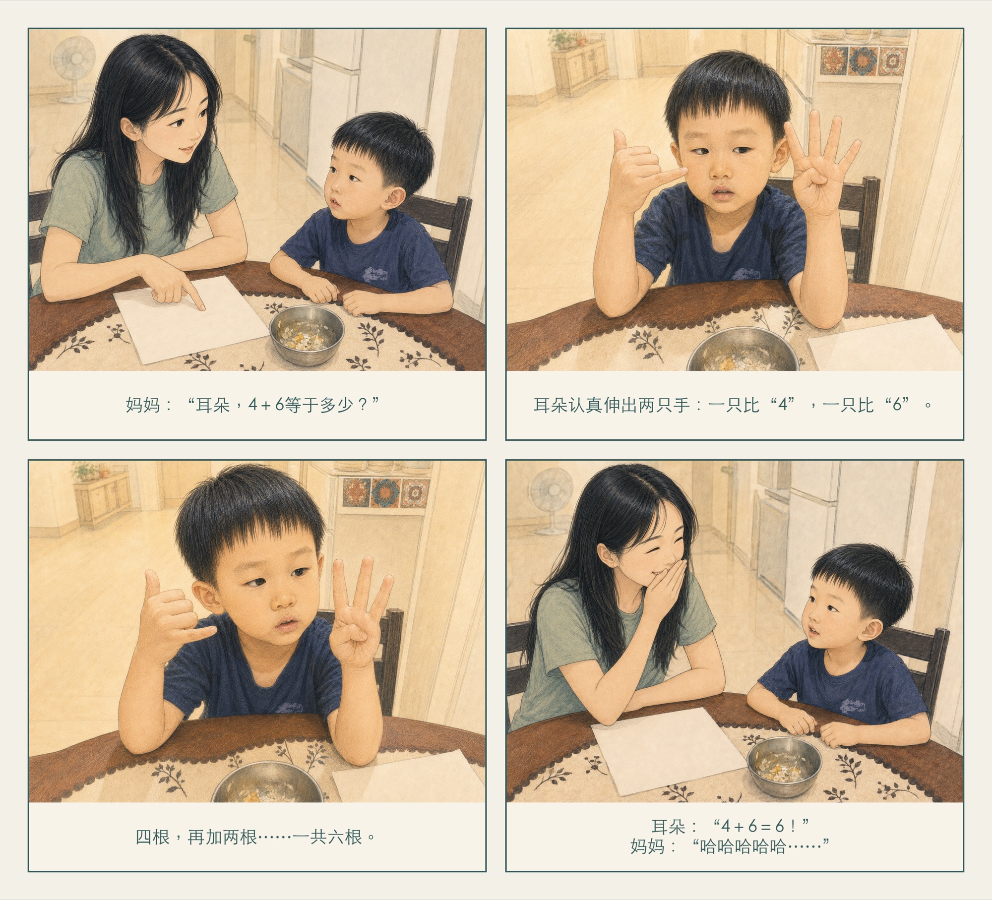 四格漫画《四加六等于六》：妈妈问耳朵四加六等于多少，耳朵伸手数出四根再加两根，认真回答六。