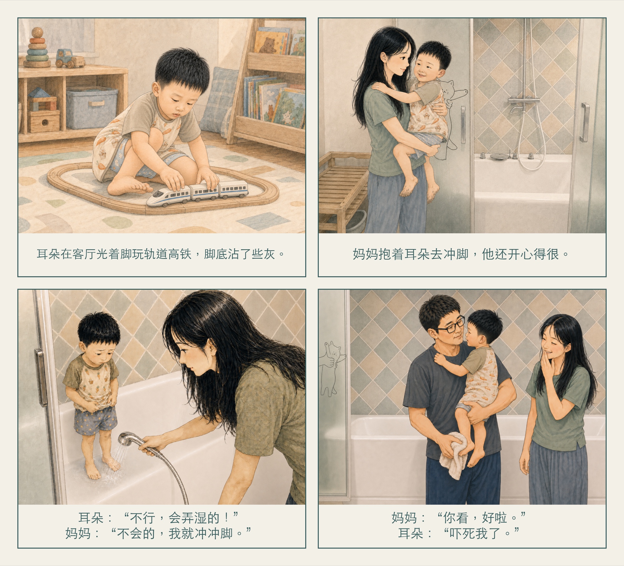 四格漫画《冲冲脚》：耳朵玩轨道车时脚底沾了灰，妈妈抱他去浴室冲脚；冲完看到爸爸，他才笑着说吓死我了。