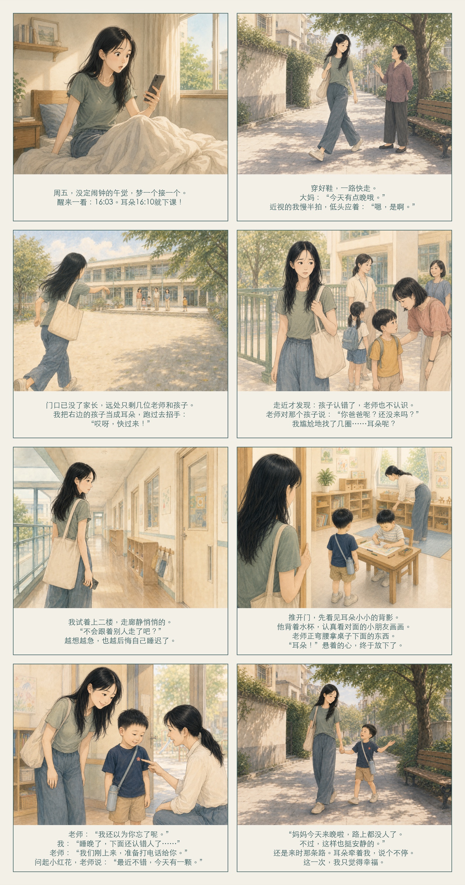 八格漫画《接错孩子以后》:妈妈午睡醒晚后匆忙去幼儿园,先认错了孩子,最后找到耳朵并得知他今天获得了一颗小红花。